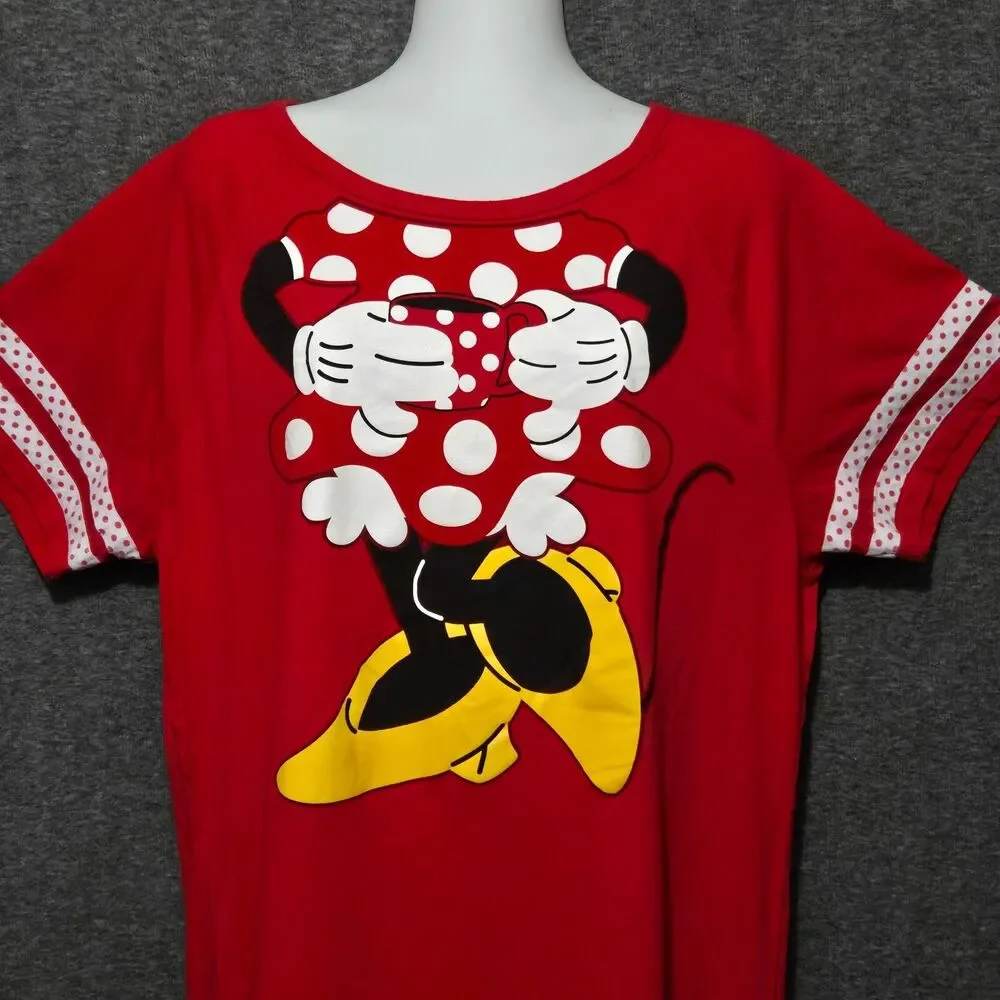 Disney Parks Minnie Mouse Sleep Shirt Womens XL XXL Red Coffee Dress Polka Dot - Picture 2 of 10